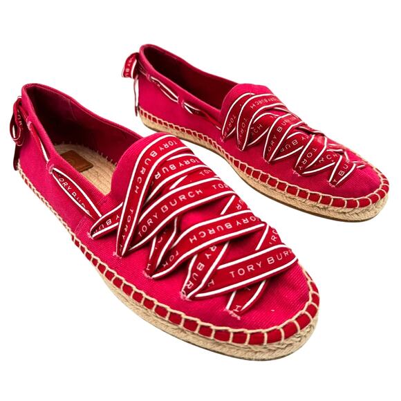 TORY BURCH Women's 11 Red White Logo Grosgrain Espadrilles Slip On‎ Canvas Jute - Picture 1 of 8